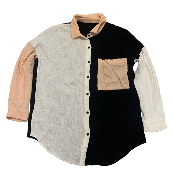 Colorblock Cotton Crinkle Oversized Button Down Shirt Size Large - Picture 1 of 5